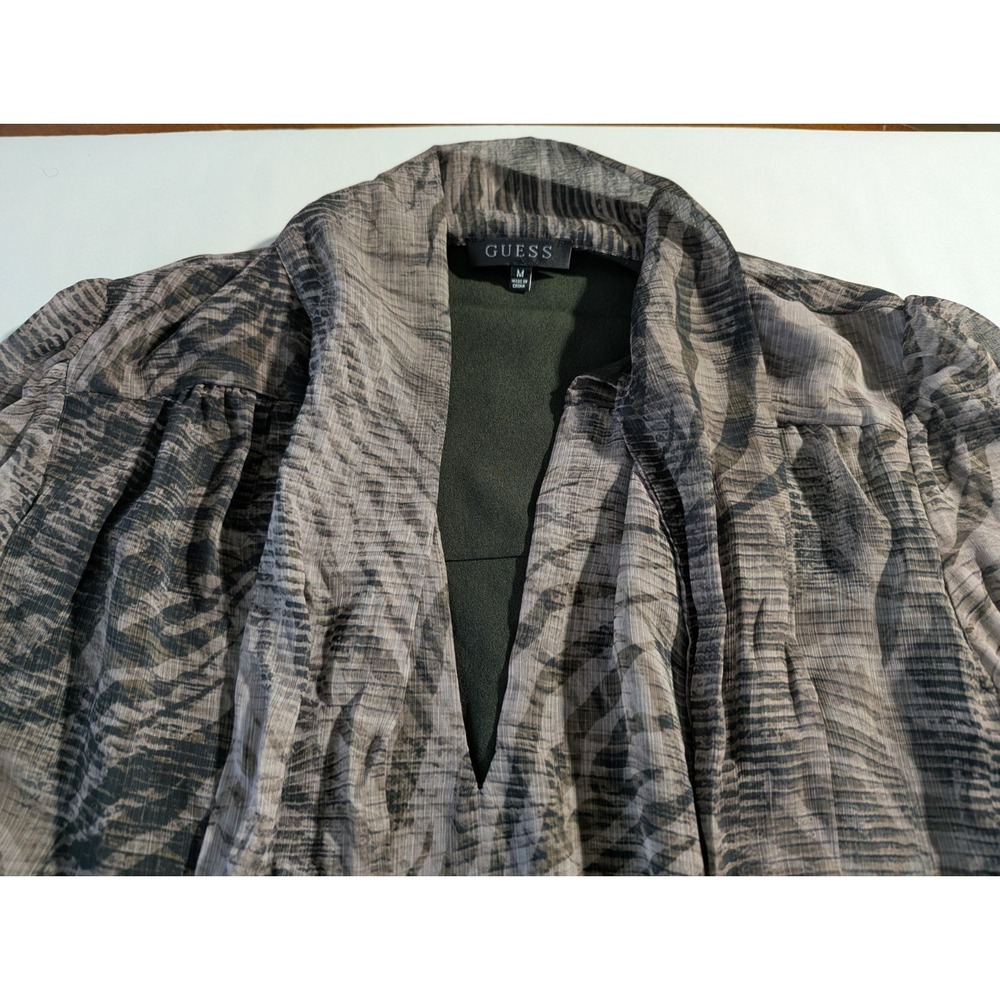 GUESS Animal Print Chiffon Sheer Balloon Sleeve Blouse Button Cuffs M